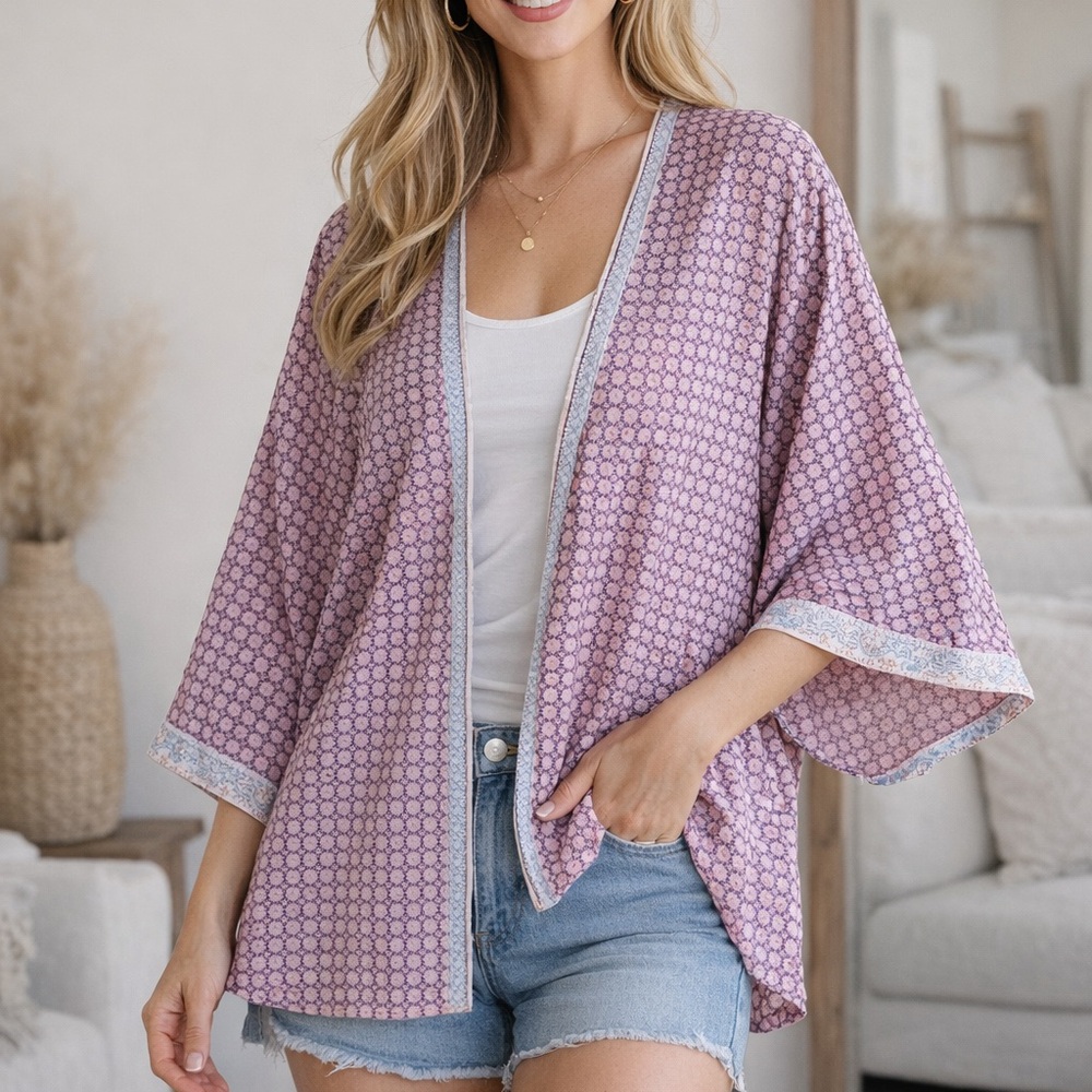 Sim & Sam Cotton Kimono Top Blue Pink Geometric Open Front Size S/M